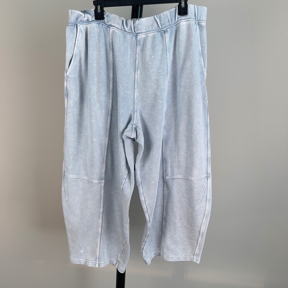Aerie Wide Leg Crop Sweatpants XL Light Blue Acid Wash Seam Detail